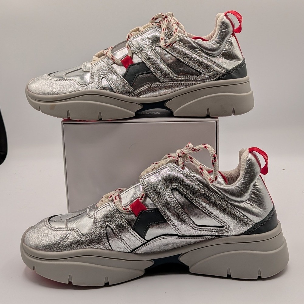 Isabel Marant 37EU 7US $590 Kindsay Metallic Silver Red Chunky Low Top Sneakers - Picture 6 of 12